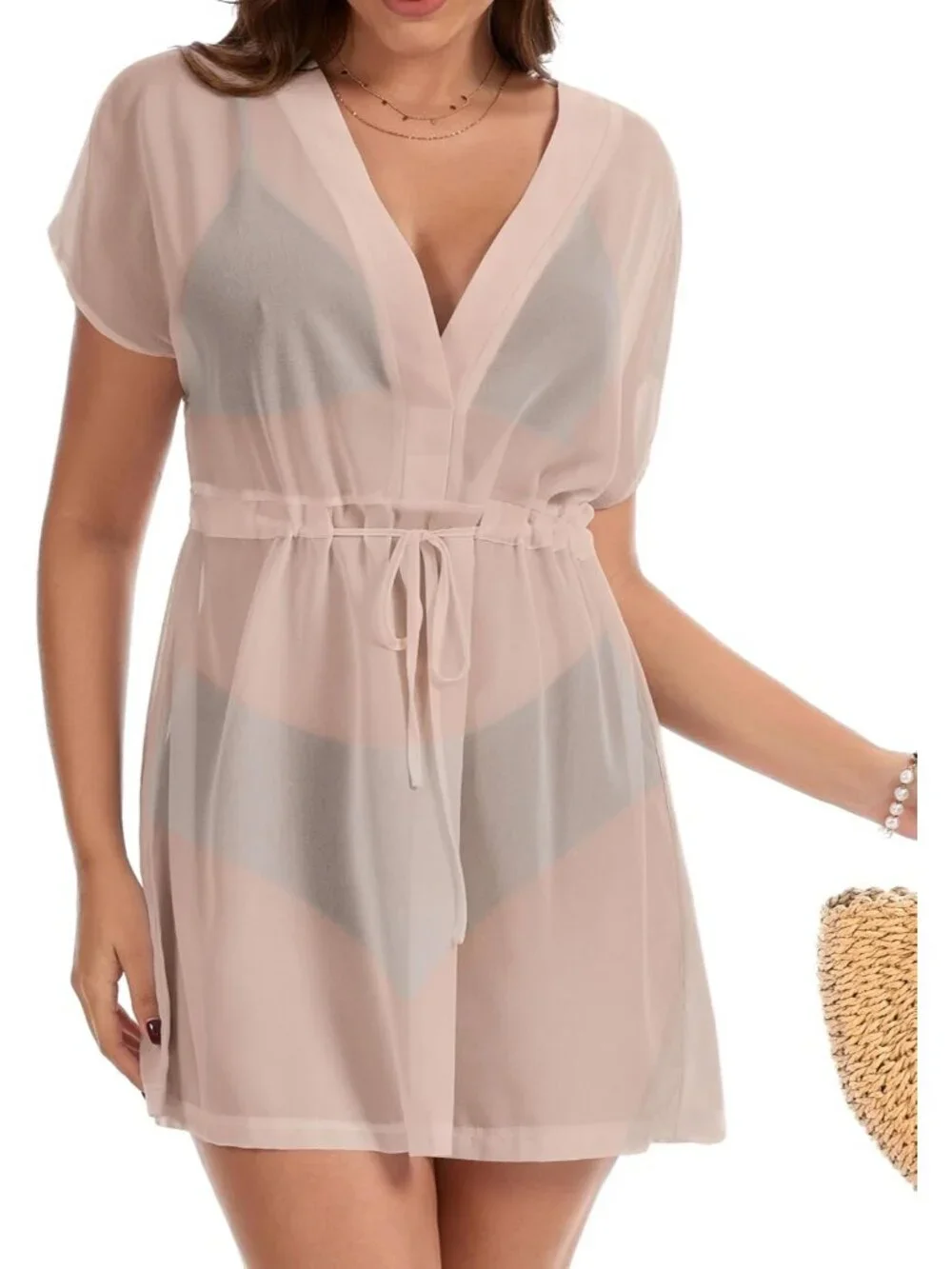 Womens Beige Polyester Coverup Beach Swimsuit Coverup Swimwear Dress V Neck